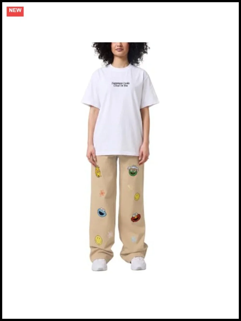 Oversized Graphic Tee Sesame Street Smiley Cotton Blend Crew Neck